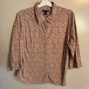 Architect 2X Floral Button Front Blouse Stretchy Cotton 3/4 Sleeve